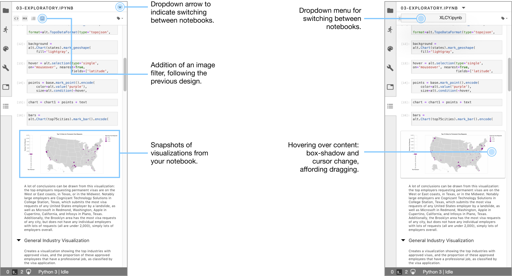Diagram outlining the design changes made to Table of Contents. This includes additions of images in your Table of Contents, a dropdown menu for switching between notebooks, and hover states.